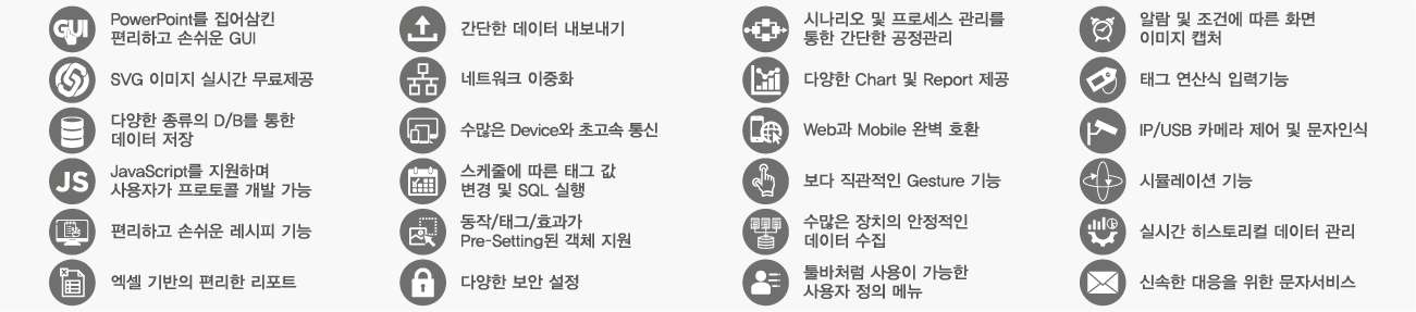 X-SCADA Function | 풍부한 SVG 라이브러리와 JavaScript 지원 등은 산업현장의 수많은 기능을 손쉽고 편리하게 표현할 수 있는 최고의 도구